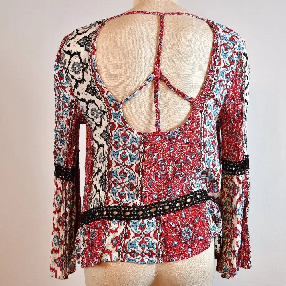EARTHBOUND Trading Co: Hobo Festival Bell Sleeve Peace Blouse Top: Size M